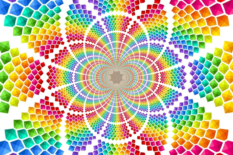 a multicolored pattern of squares on a white background, pixel art, pixabay, psychedelic art, infinite fractal mandala tunnel, rainbow gradient bloom, !!! very coherent!!! vector art, vector graphics