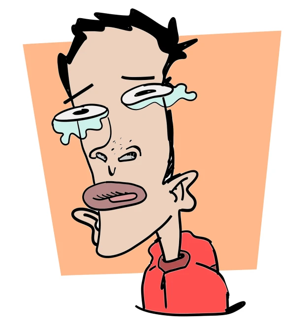 a cartoon of a man with a hot dog in his mouth, a digital rendering, by Allen Jones, tears drip from the eyes, cartoon style illustration, blind brown man, teenage boy