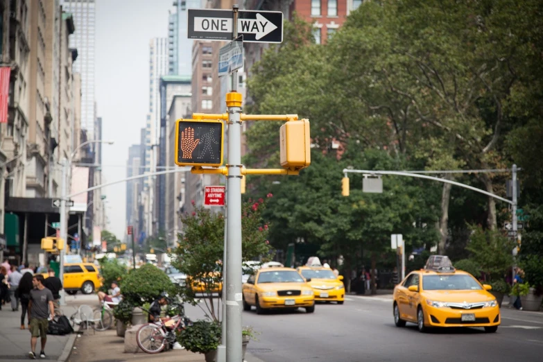 a yellow taxi driving down a street next to a traffic light, a picture, by Robert Jacobsen, usa-sep 20, take my hand, signboards, central park