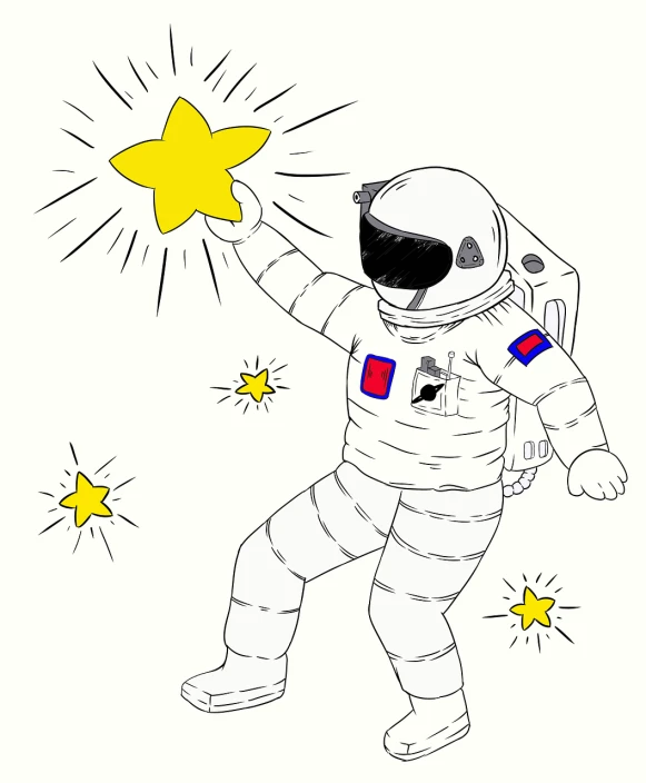 a drawing of an astronaut holding a star, an illustration of, inspired by Ivan Meštrović, space art, cartoon style illustration, whole page illustration, outline art, japanese mascot