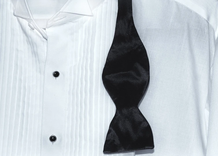 a man wearing a white shirt and a black bow tie, inspired by david rubín, renaissance, coated pleats, detailed product photo, black tie, top down photo