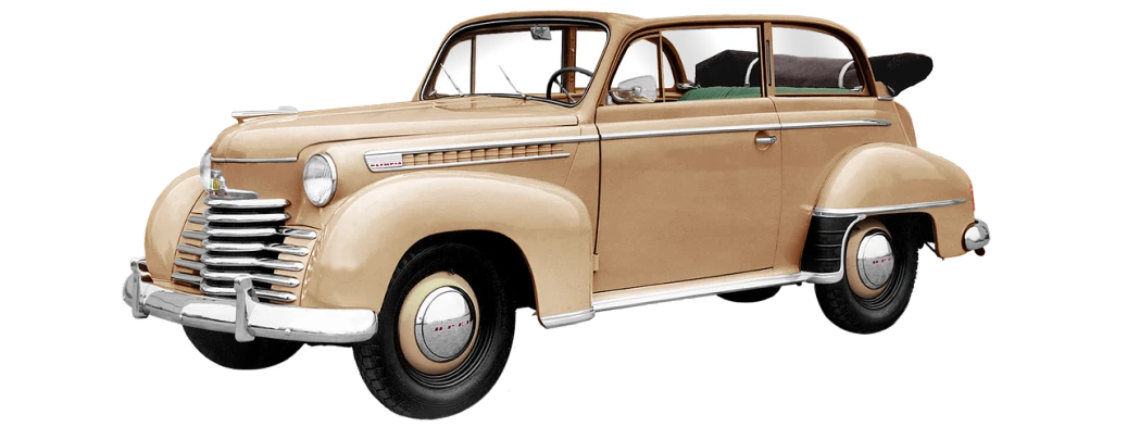 an old car is shown on a black background, a digital rendering, by Hans Fischer, pixabay, bauhaus, beige mist, moskvich, full-length view, colourised