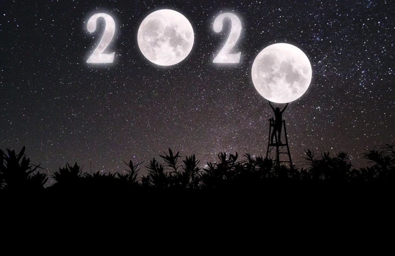 a couple of people that are standing in the grass, an album cover, pixabay, art deco, nigth moon ligth, new years eve, taken in 2 0 2 0, with japanese text