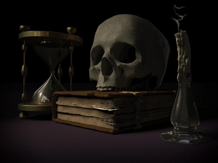 a skull sitting on top of a pile of books next to an hourglass, by Artur Tarnowski, zbrush central contest winner, vanitas, c 4 d ”