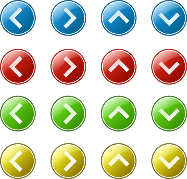 a bunch of different colored buttons on a black background, a screenshot, computer art, with two arrows, highly detailed rounded forms, angular 16-color, contrast icon