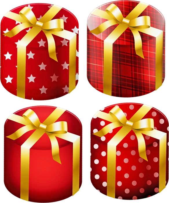 a set of four red and gold gift boxes, vector art, by Kanō Tan'yū, pop art, rounded, screencap, red and gold cloth, case