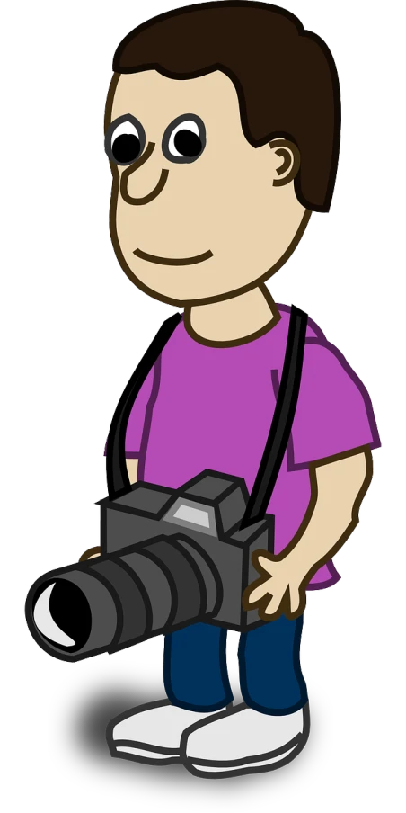 a cartoon picture of a man holding a camera, by Kev Walker, pixabay contest winner, dslr camera img_4016, clip art, while smiling for a photograph, child