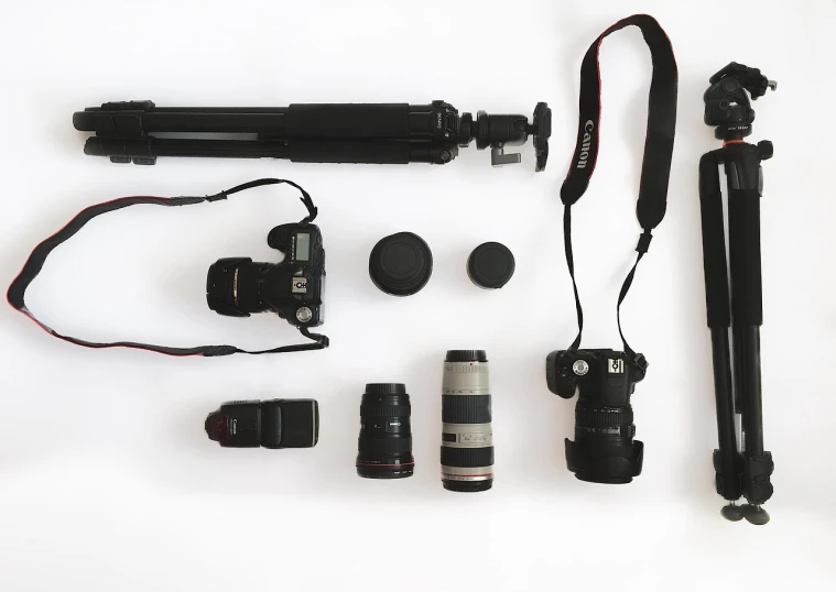 camera equipment laid out on a white surface, a picture, by Carey Morris, long lens, organized, packshot, telephoto