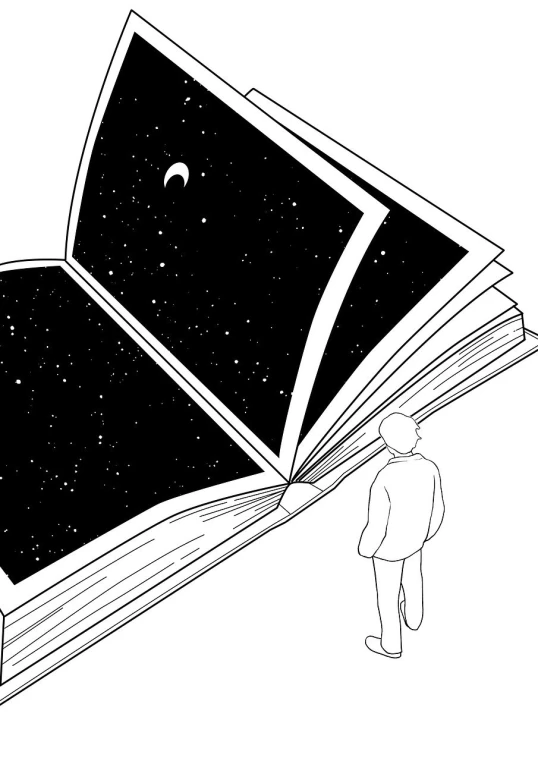 a person standing in front of an open book, a storybook illustration, inspired by jeonseok lee, tumblr, looking out into space, crisp 8 k line art, no - text no - logo, black ink illustration