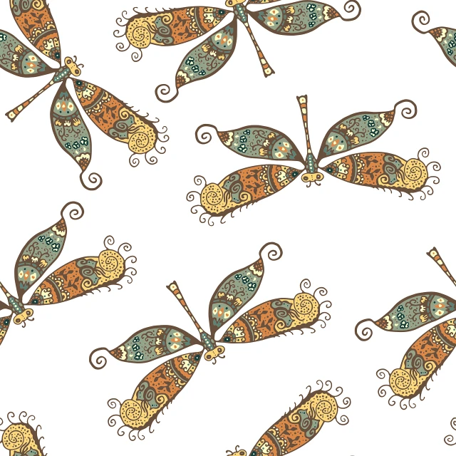 a pattern of dragonflies on a white background, by Maksimilijan Vanka, trending on pixabay, hurufiyya, ethnic fantasy, steampunk butterfly, in retro colors, cartoon illustration