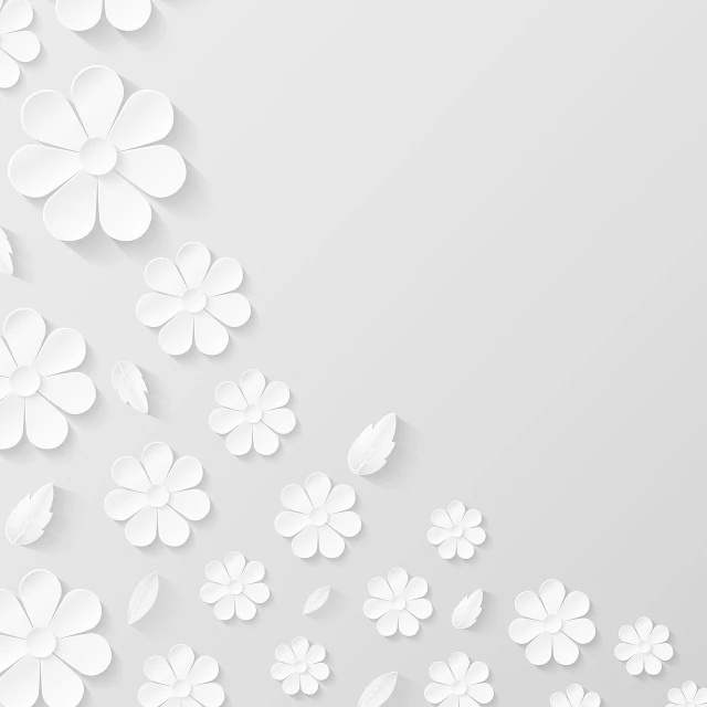 a bunch of paper flowers on a white background, vector art, digital art, solid light grey background, petals falling everywhere, background image, daisies