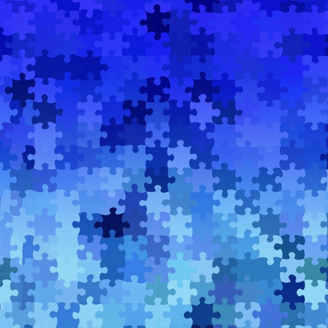 a large amount of puzzle pieces on a blue background, a jigsaw puzzle, generative art, graffiti _ background ( smoke ), gradient sapphire, tileable, stained glass background