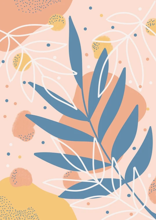 a pattern of leaves and dots on a pink background, vector art, inspired by Henri Matisse, conceptual art, earthy light pastel colours, some orange and blue, miami. illustration, dreamy floral background