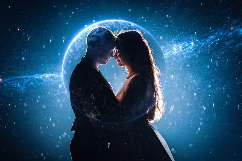 a man and a woman standing in front of a full moon, digital art, shutterstock, romanticism, blue circular hologram, reylo kissing, movie promotional image, star born