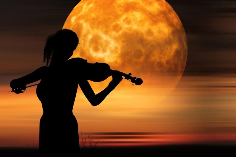 a woman playing a violin in front of a full moon, a digital rendering, by Zoran Mušič, pixabay, silhouette over sunset, high quality fantasy stock photo, detailed picture, very accurate photo