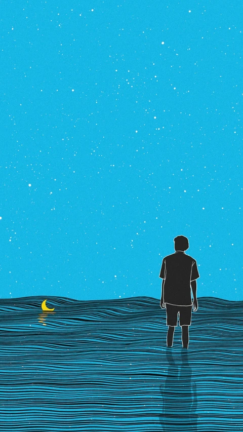 a man standing in the middle of a body of water, inspired by Chris Ware, tumblr, minimalism, looking at the stars, pacman, wallpaper mobile, standing beside the ocean