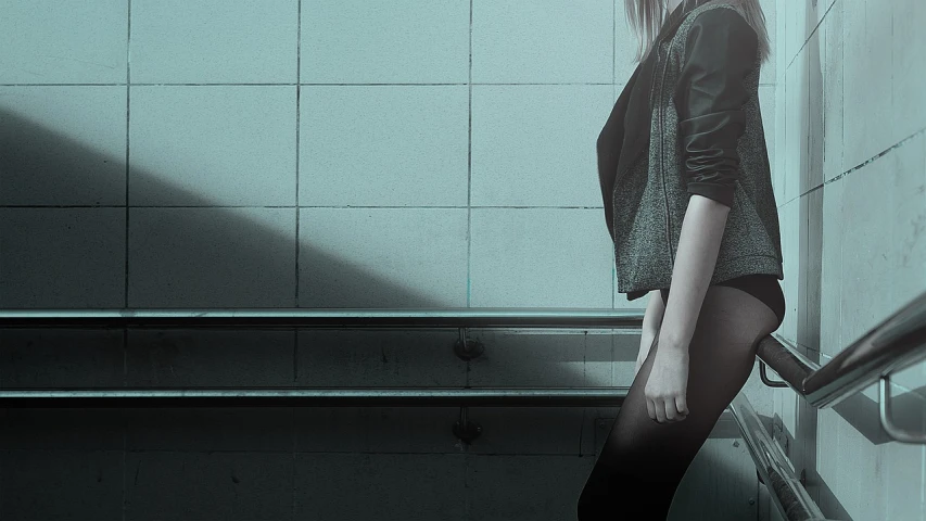 a woman standing at the bottom of a set of stairs, digital art, inspired by Elsa Bleda, trending on cg society, website banner, tokyo street background, styleframe, dark clothes