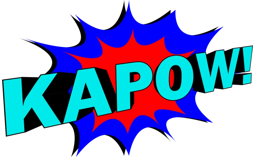 a blue and red kapow logo on a black background, a comic book panel, inspired by Edmond Xavier Kapp, pixabay, text morphing into objects, overexposed, kewpie, captain