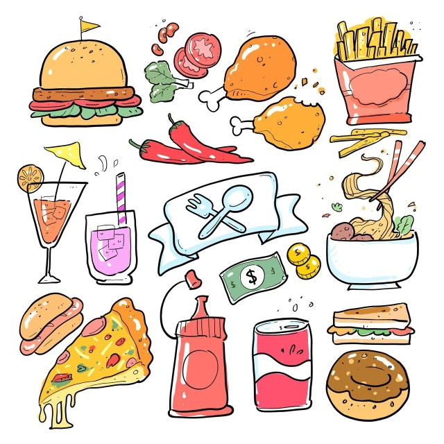 a bunch of food and drinks on a white background, vector art, hand painted cartoon art style, mixed media style illustration