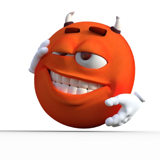 an orange with horns sticking out of it's mouth, digital art, inspired by Heinz Anger, m & m figure, evil laugh, d render, very sad emotion