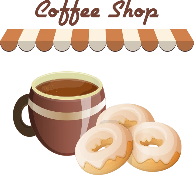 a cup of coffee and two donuts on a table, an illustration of, shops, poster illustration, clipart, on a black background