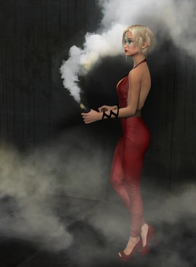 a woman in a red dress smokes a cigarette, a 3D render, inspired by Constance Gordon-Cumming, tear gas and smoke, harley quinn standing, midnight fog - mist!, daz