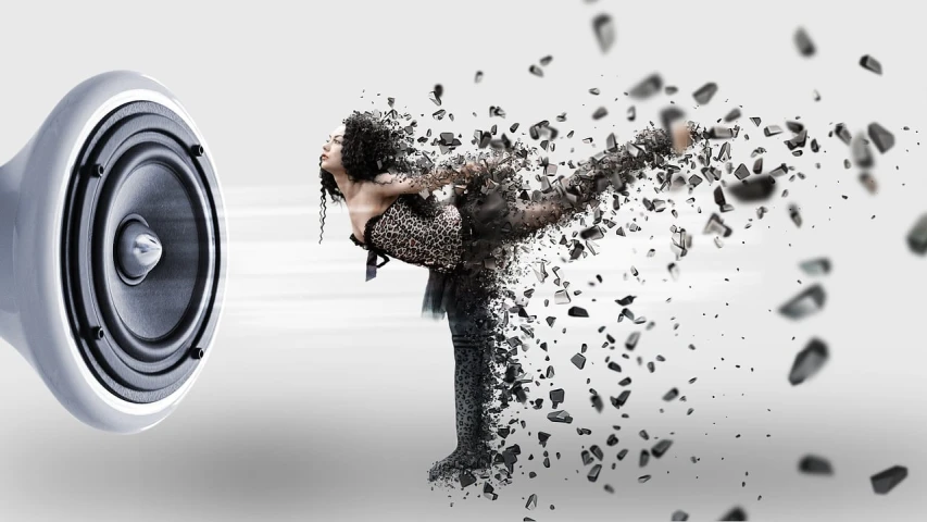 a close up of a speaker with rocks coming out of it, digital art, trending on pixabay, digital art, female dancer, disintegrating, commercial banner, fully body pose