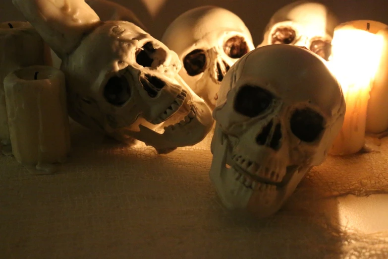 a group of skulls sitting next to a lit candle, by Stephen Bone, flickr, 4k detail, artist maena, looking towards camera, replicas