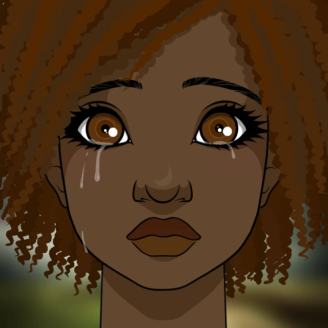 a drawing of a woman with a sad look on her face, a digital rendering, inspired by Nyuju Stumpy Brown, light skinned african young girl, close up character, tear drops, cartoon moody scene