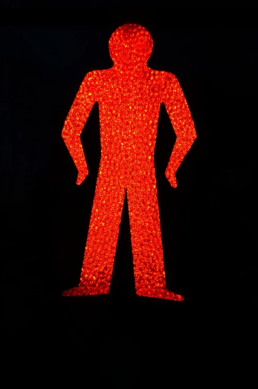 a close up of a street sign with a person on it, inspired by Bruce Nauman, pexels, figuration libre, glowing crimson head, full body frontal view, crystallized human silhouette, hands on hips