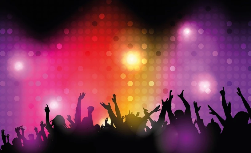 a crowd of people with their hands in the air, vector art, shutterstock, nightclub background, background image