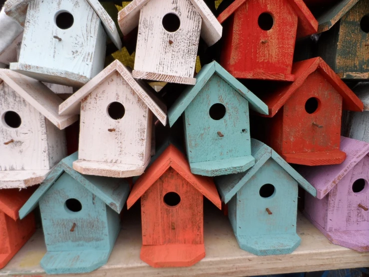 a bunch of colorful birdhouses stacked on top of each other, a photo, rich texture, indoor, marketing photo, hd —h 1024