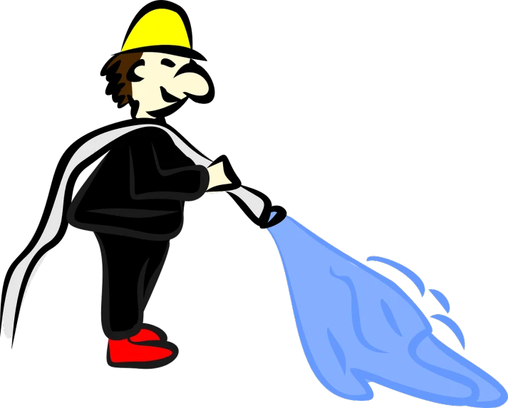 a cartoon man with a blue bag and a yellow hat, by Harry Beckhoff, pixabay, conceptual art, flashlight, sweeping, torrent, wearing plumber uniform