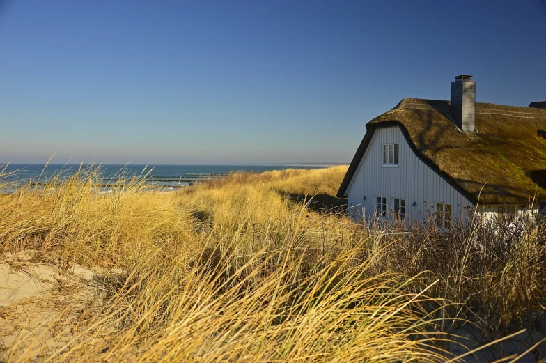 a white house sitting on top of a sandy beach, by Hans Gude, pixabay, long thick grass, gambrel roof, fall season, seaview