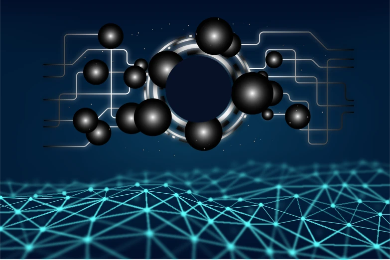 a bunch of black balls sitting on top of a blue surface, digital art, connecting lines, matrix symbols in the background, 3 d vector, cyber universe style