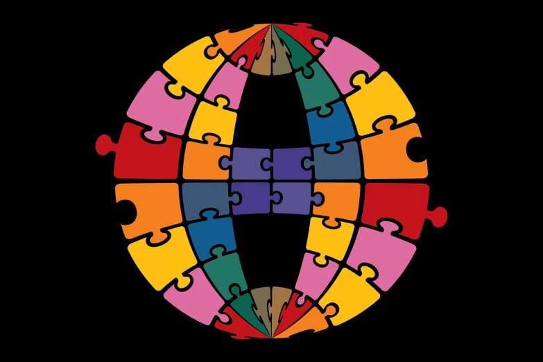 a colorful circle of puzzle pieces on a black background, a jigsaw puzzle, by Tom Phillips, abstract illusionism, inside a globe, symmetrical tarot illustration, flat color, cut-away