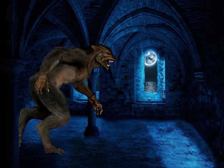 a werewolf in a dark room with a full moon in the background, by Wayne England, shutterstock, digital art, in a medieval crypt, mid shot photo, minotaur, blue wolf