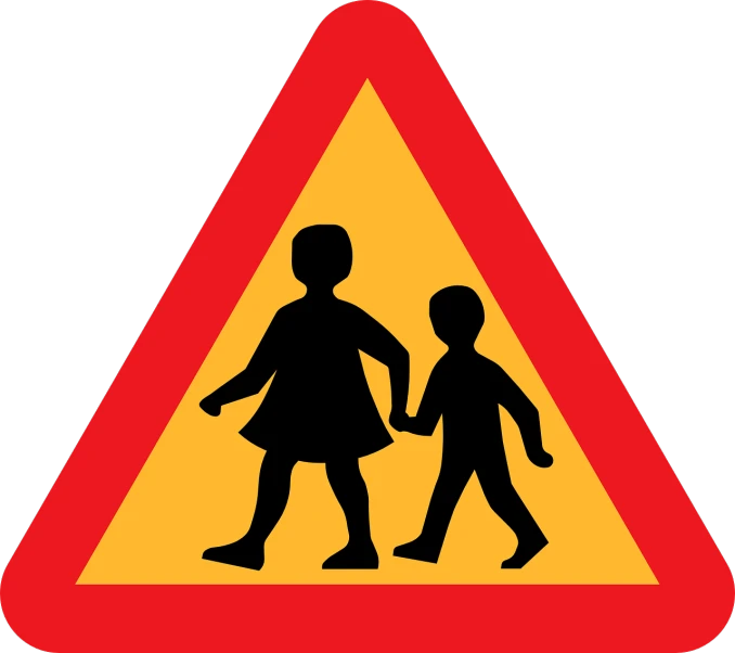 a sign warning of children crossing the street, a cartoon, by Mirko Rački, pixabay, antipodeans, flat color, dark bg, triangle, flanders
