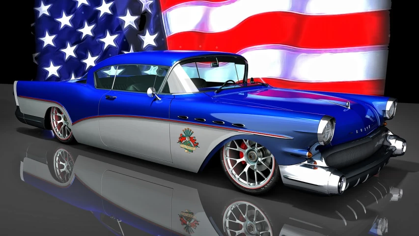 a classic american car in front of an american flag, an airbrush painting, trending on pixabay, american scene painting, 3 d cg, blue colors with red accents, chrome art, side front view