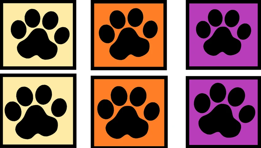 a set of four different colored paw prints, a digital rendering, by Kōno Michisei, pop art, orange and purple color scheme, squares, black and orange, labels