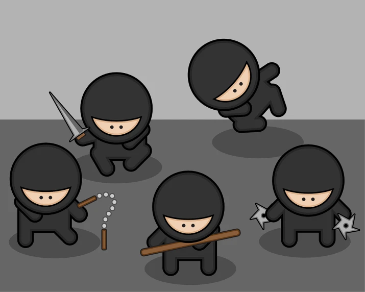a group of cartoon ninjas with weapons, digital art, tiny sticks, multiple poses, remove, dark