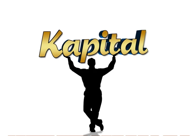 a man holding up a sign that says kapital, a digital rendering, conceptual art, business logo, clipart, imperial, capitalist