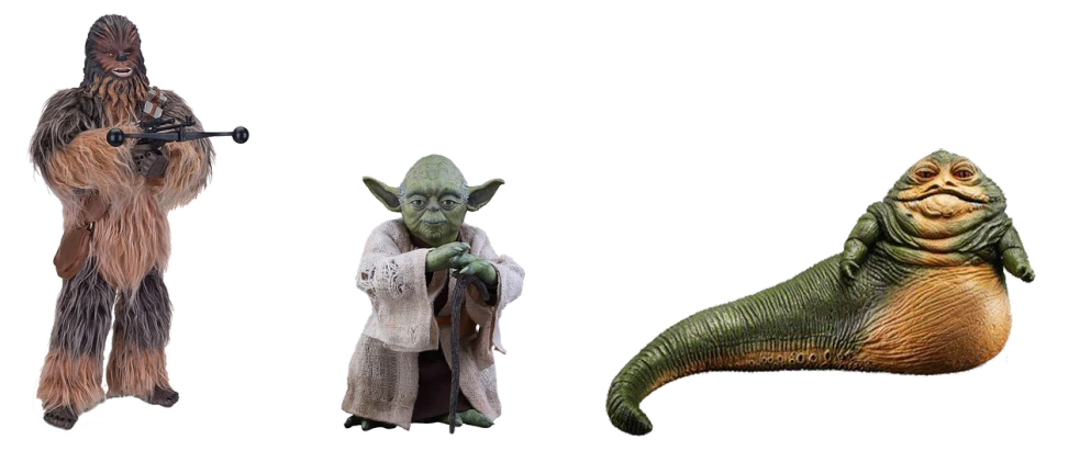 a group of star wars action figures sitting next to each other, a portrait, inspired by Choi Buk, high resolution product photo, goblin, medium shot of two characters, textless