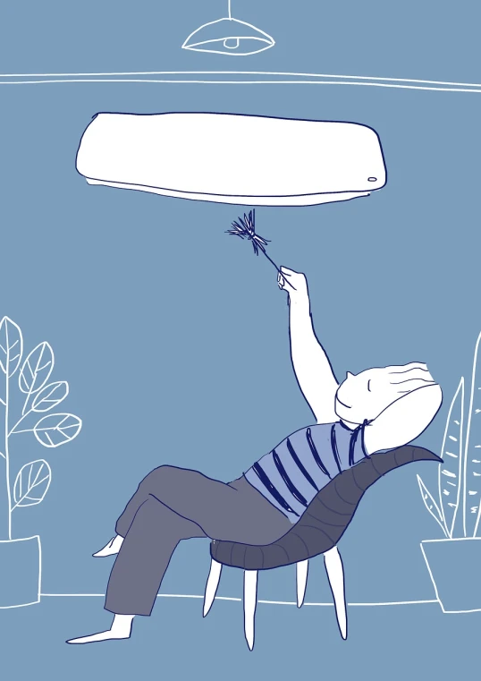 a drawing of a man sitting in a chair holding a piece of paper above his head, conceptual art, one ceiling fan, summer sky, hygge, emitting spore clouds