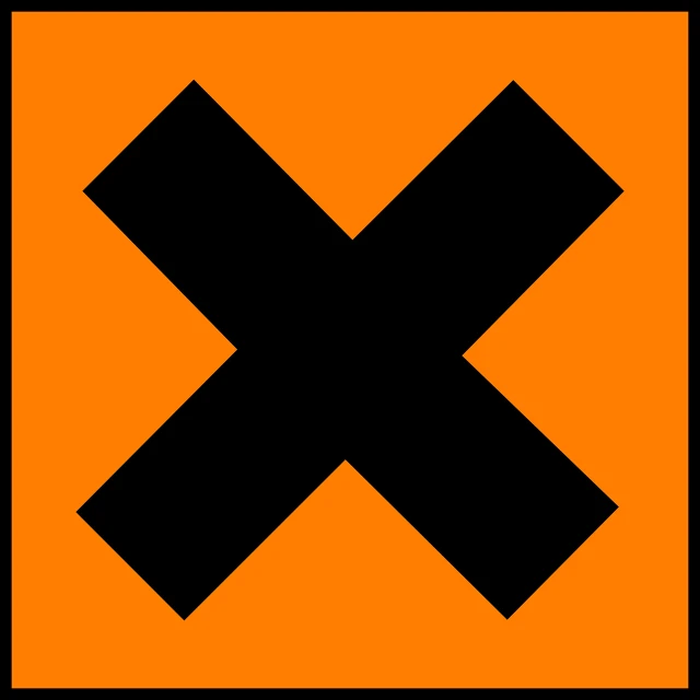 an orange sign with a black x on it, by Kees Bol, without duplication, basic, contaminated, with a square