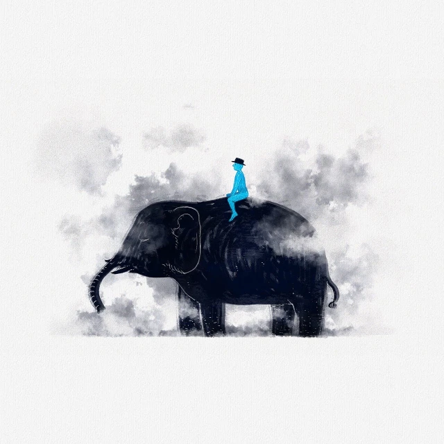 a man riding on the back of an elephant, a picture, digital art, minimalism, blue ink, shot on an iphone, boy