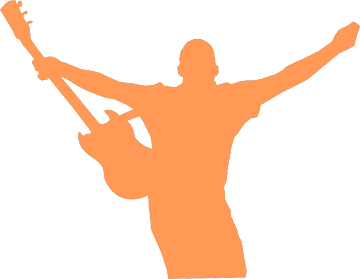 a silhouette of a man holding a guitar, by Ottó Baditz, pixabay, figuration libre, wearing an orange t shirt, arms held high in triumph, zoomed out to show entire image, detailed screenshot