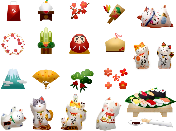 a bunch of different items on a black background, inspired by Uragami Gyokudō, trending on polycount, mingei, cat theme logo, vinyl toy figurine, traditional japanese painting, pc screenshot