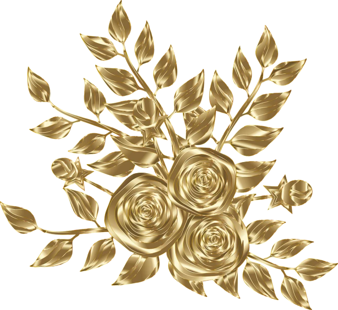 a bouquet of gold roses on a black background, a digital rendering, inspired by Gustav Doré, laurels of glory, metal art, intricate art deco leaf designs, golden wood carved in relief