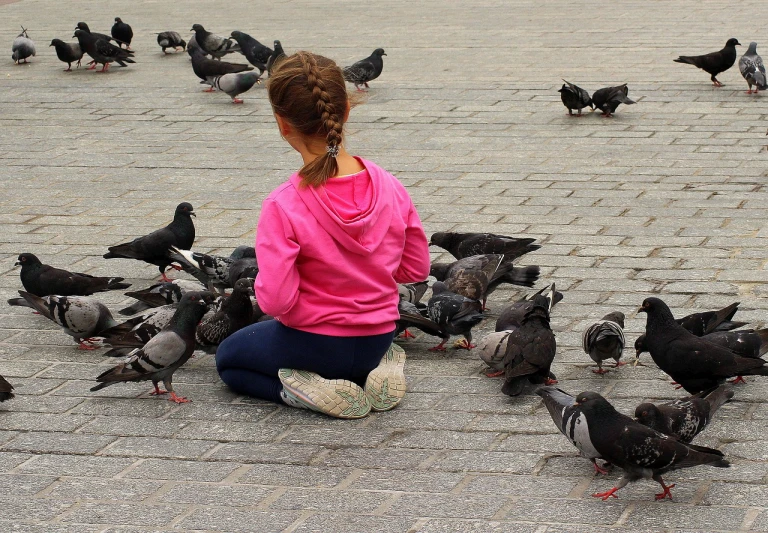 a little girl sitting on the ground surrounded by pigeons, a photo, photo taken from behind, tourist photo, fighting, warsaw